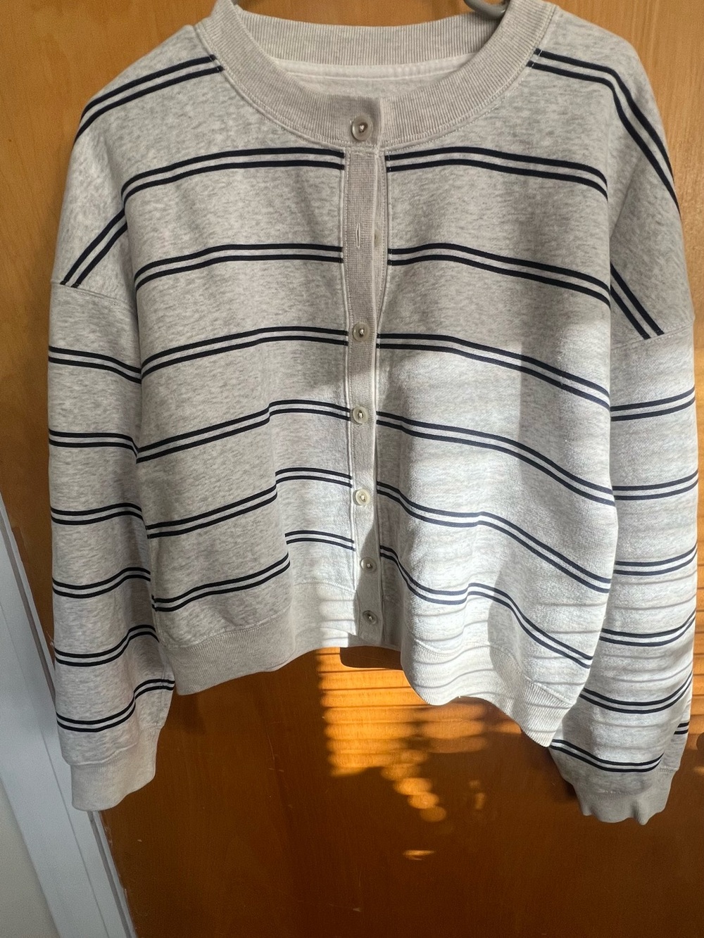 Abercrombie & Fitch Light Gray Cardigan with Navy Stripes